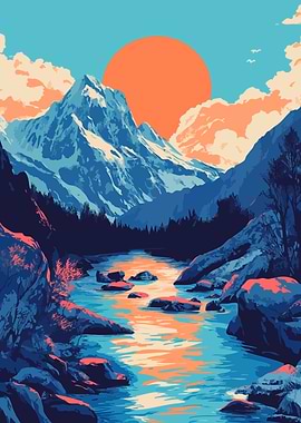 Early Morning Snow Mountain River Minimalist Art Illustration