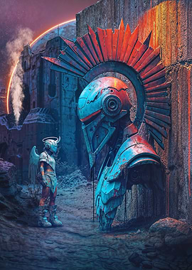 Futuristic angel and robot in ruins