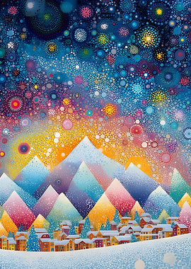Colorful Winter Village Dot Art