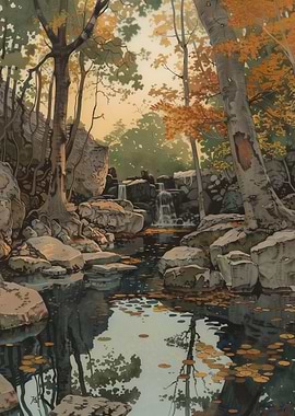 Autumn Waterfall Landscape Painting