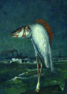 Fish-headed bird on stormy sea