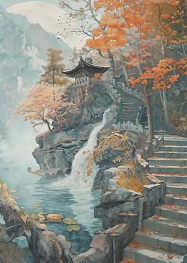 Asian Temple Waterfall Landscape Painting