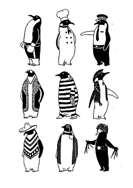 Penguins in Costumes Black and White