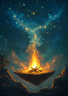 Floating Campfire Under Starry Sky