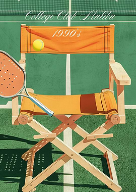 Tennis chair on court, 1990s vibe