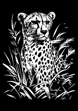 Cheetah in Grass Black and White