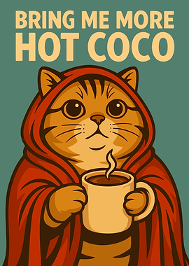 Cat in Blanket with Hot Coco Funny Vintage Orange Cat Poster Art Illustration