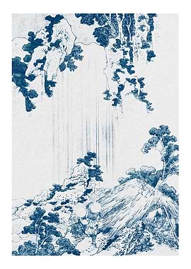 Hokusai Yoro Waterfall Ukiyo-e Blue White Vintage