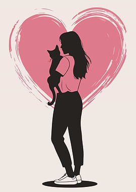 Girl holding cat with heart background