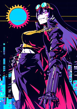 Steampunk Anime Girl in Cityscape