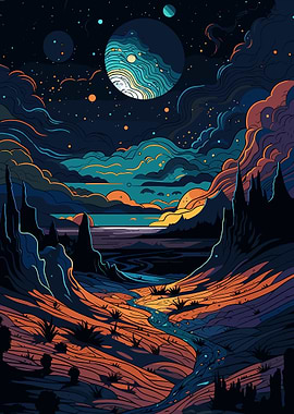 Surreal Landscape with Planets and River