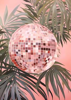 Pink Disco Ball with Palm Leaves