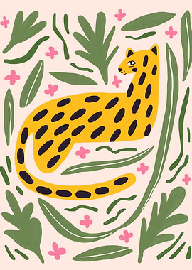 Stylized Leopard with Floral Background