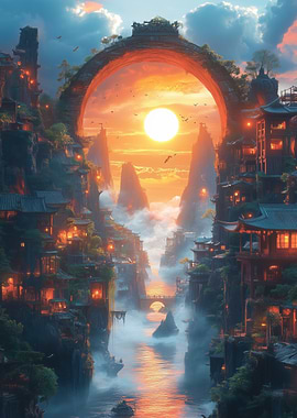 Fantasy Asian Village at Sunset
