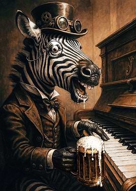 Steampunk Zebra Pianist with Beer