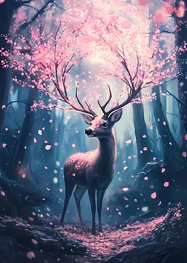 Deer in Cherry Blossom Forest