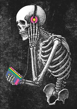 Skeleton listening to music with Walkman