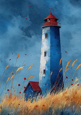 Watercolor Lighthouse Art | Blue Lighthouse with Grasses | Calm Coastal Print