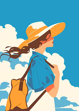 Spring Girl Blue Sky Portrait Minimalist Art Illustration