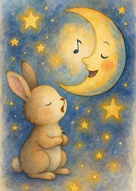 Singing Bunny and Moon Watercolor