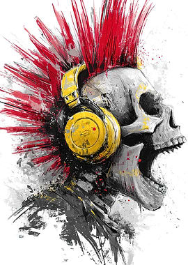 Skull with Headphones and Red Mohawk