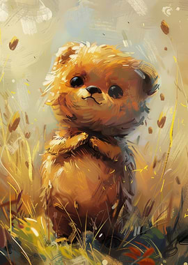 Cute Teddy Bear in Field Painting