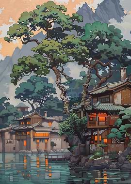 Japanese Village Pixel Art Landscape