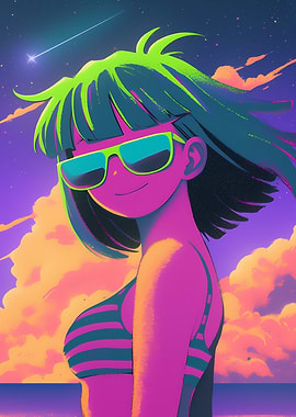 Anime Girl with Sunglasses at Beach