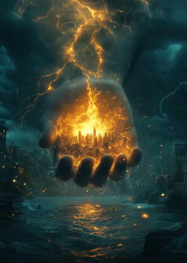 City in Hand with Lightning