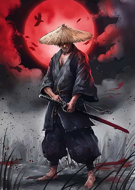 Samurai Warrior with Katana and Red Moon