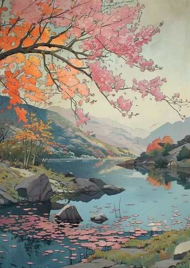 Japanese Lake with Cherry Blossoms