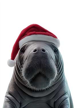 Christmas Manatee with Santa Hat Portrait