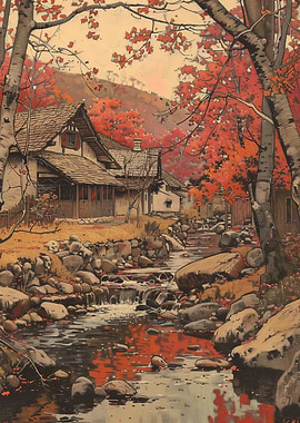 Autumn Landscape with House and Stream