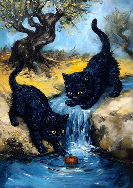 Black Cats and Apple by Waterfall