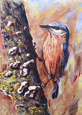 Nuthatch on Tree Trunk Painting