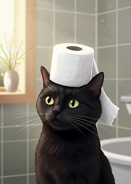 Black Cat with Toilet Paper Hat