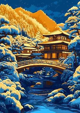 Japanese Temple in Winter Landscape
