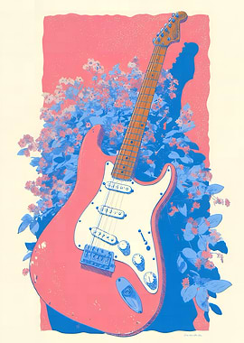 Pink Guitar with Blue Flowers