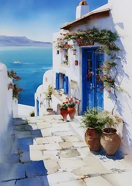 Greek Island Village Watercolor Painting
