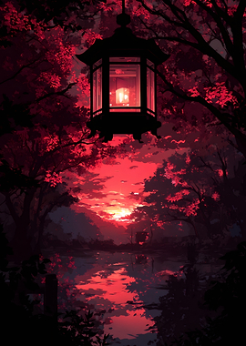 Red Lantern Over Lake at Sunset
