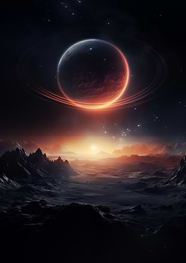 Ringed Planet over Alien Landscape