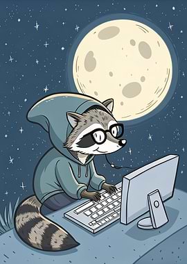 Raccoon Programmer Under Moonlight