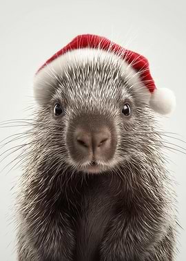 Christmas Porcupine Wearing Santa Hat
