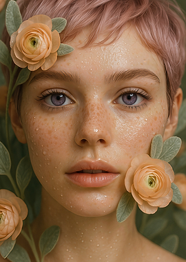 Peach Ranunculus Framing Violet Eyes Girl