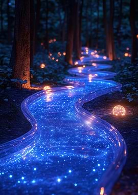 Glowing River Through Dark Forest