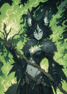 Anime Wolf Girl with Green Fire