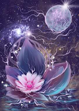 Pink Lotus Floating in Blue Water Night Sky