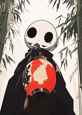 Mysterious Figure with Lantern in Bamboo Forest