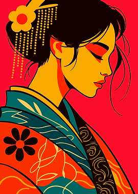 Vintage Geisha Portrait in Pop Art Bold Colors Illustration Art