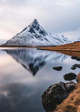 Snowy Mountain Reflection in Calm Lake